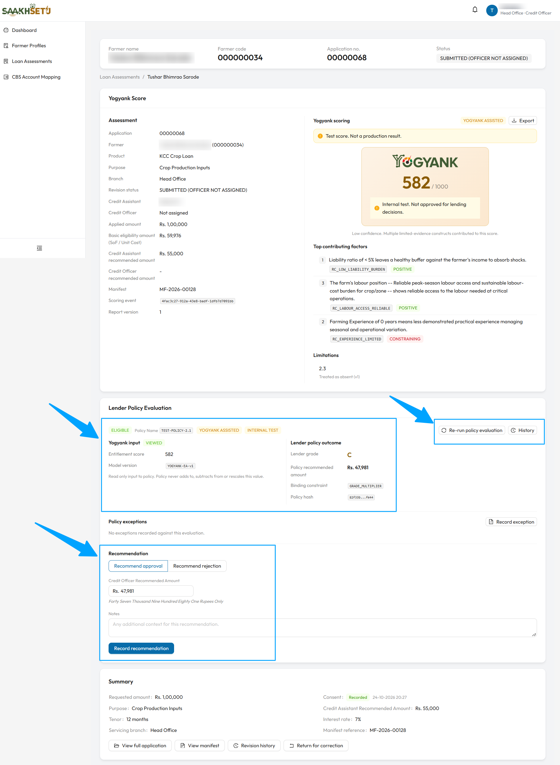 Lender Policy Evaluation below the Yogyank Score card: the Eligible outcome, the lender grade and policy recommended amount, the Policy exceptions section, and the Recommendation form