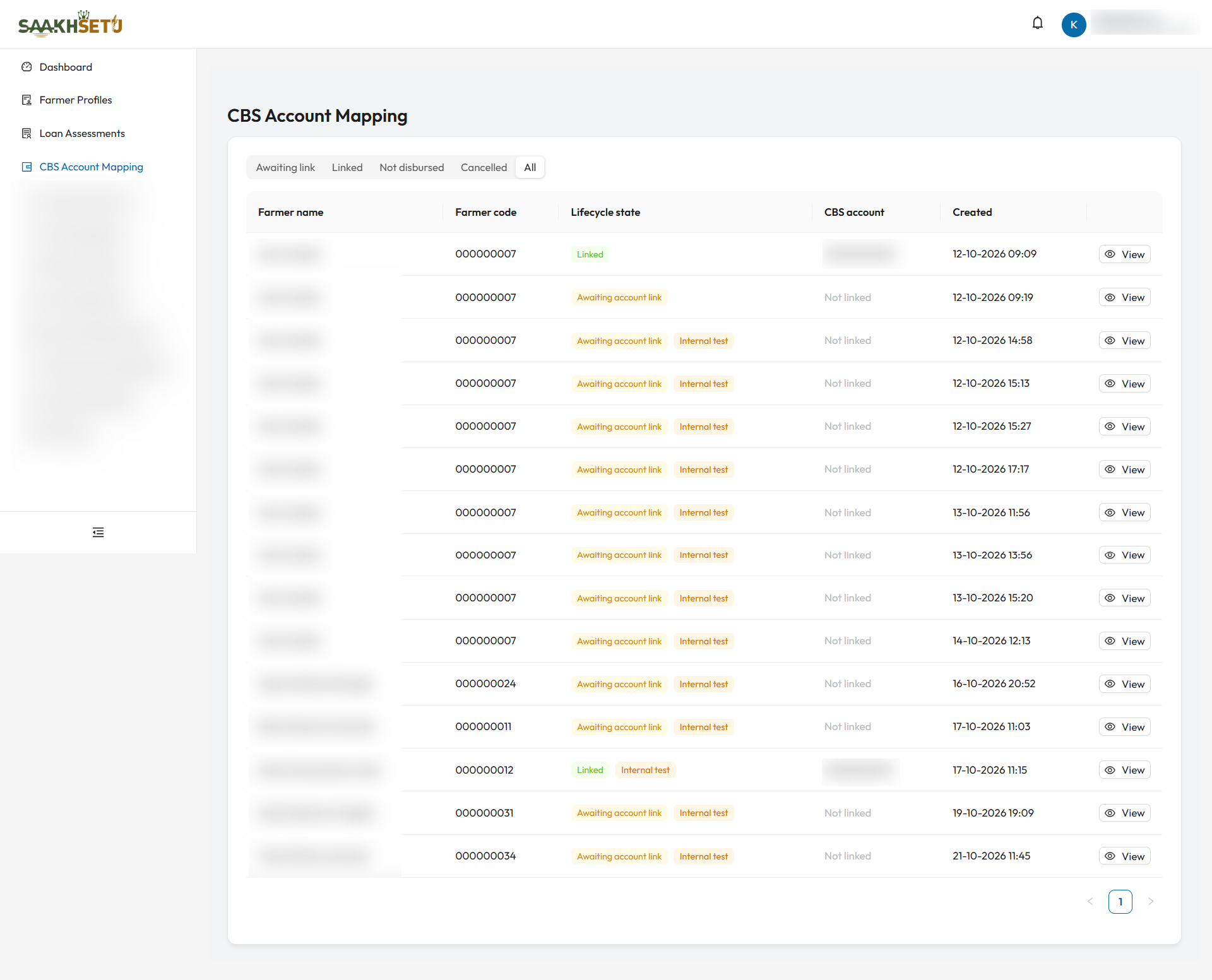 CBS Account Mapping work queue with the All filter: each facility's farmer, lifecycle state, CBS account and created date, and the View button