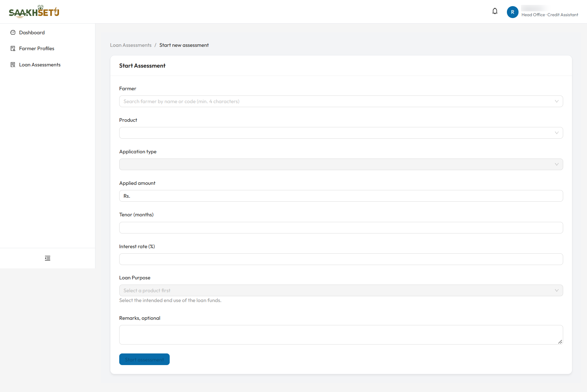 Start Assessment form: Farmer, Product, Application type, Applied amount, Tenor, Interest rate, Loan Purpose and Remarks
