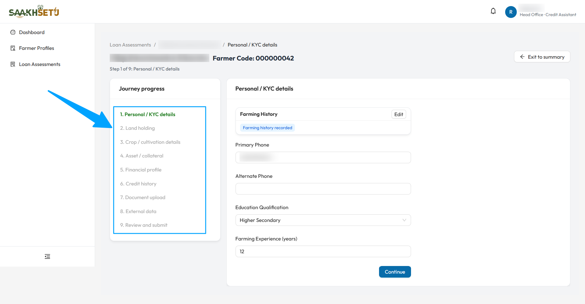 Assessment wizard on Step 1 of 9: the Journey progress list on the left, with the Personal / KYC details form and Continue button on the right