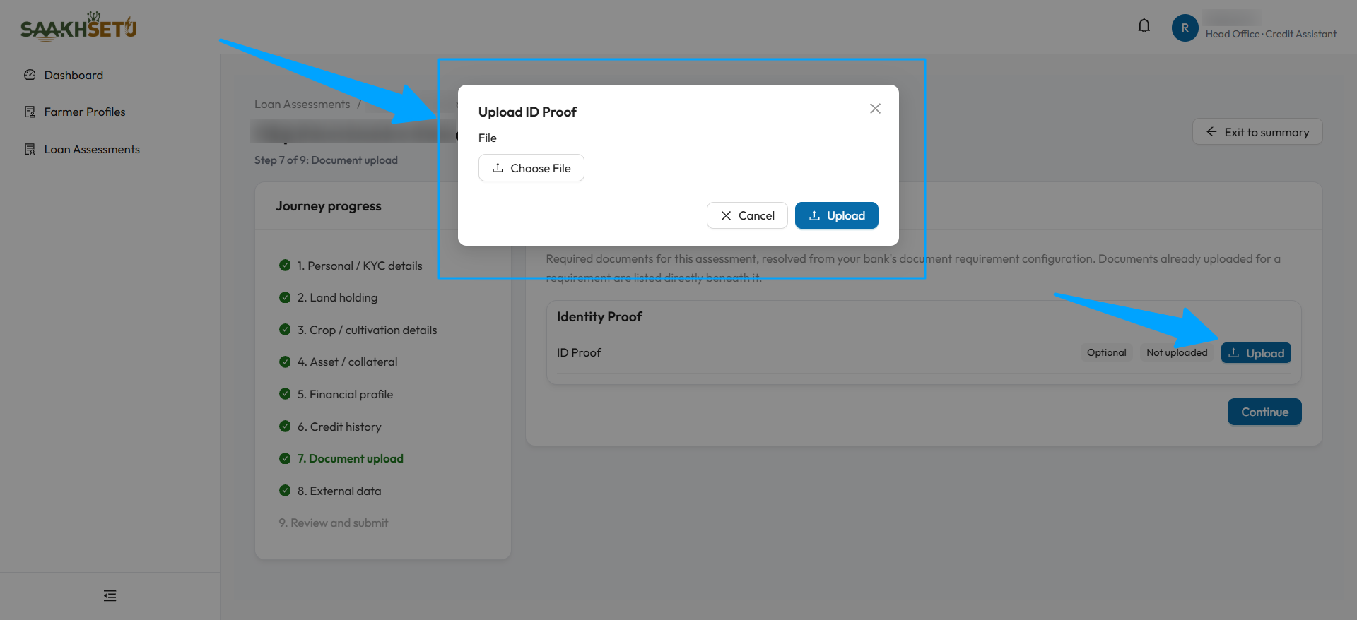 Documents step: the ID Proof requirement marked Optional and Not uploaded, with the Upload button and the Upload ID Proof window open
