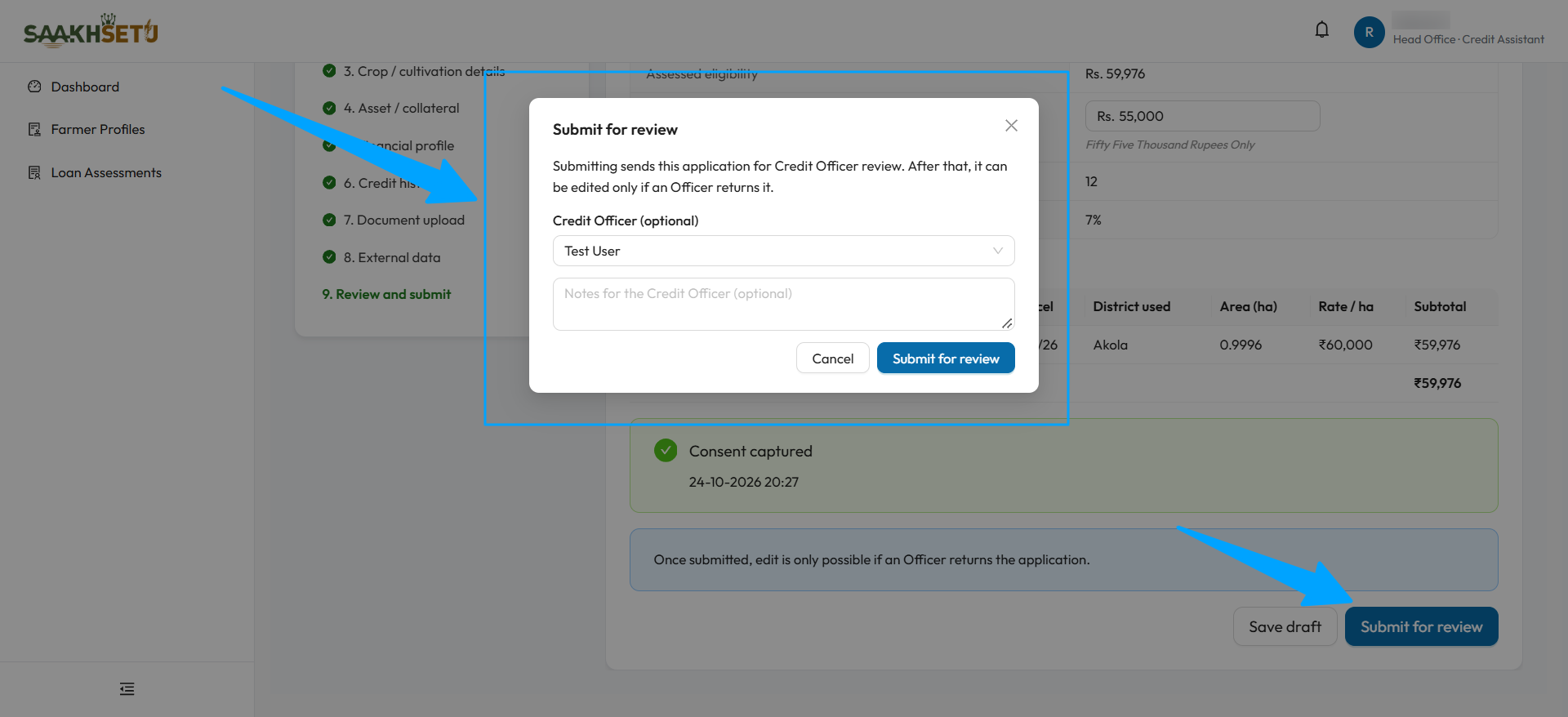 Submit for review window: the optional Credit Officer list, the Notes for the Credit Officer box, and the Cancel and Submit for review buttons