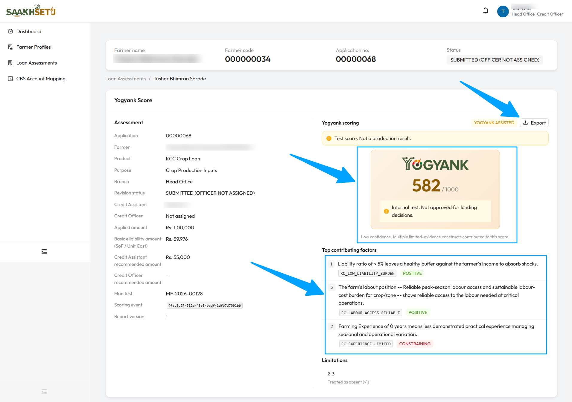 Yogyank Score card: the assessment details on the left, and on the right the Yogyank Assisted badge, the Export button, the test-score notice, the score out of 1000 and the top contributing factors