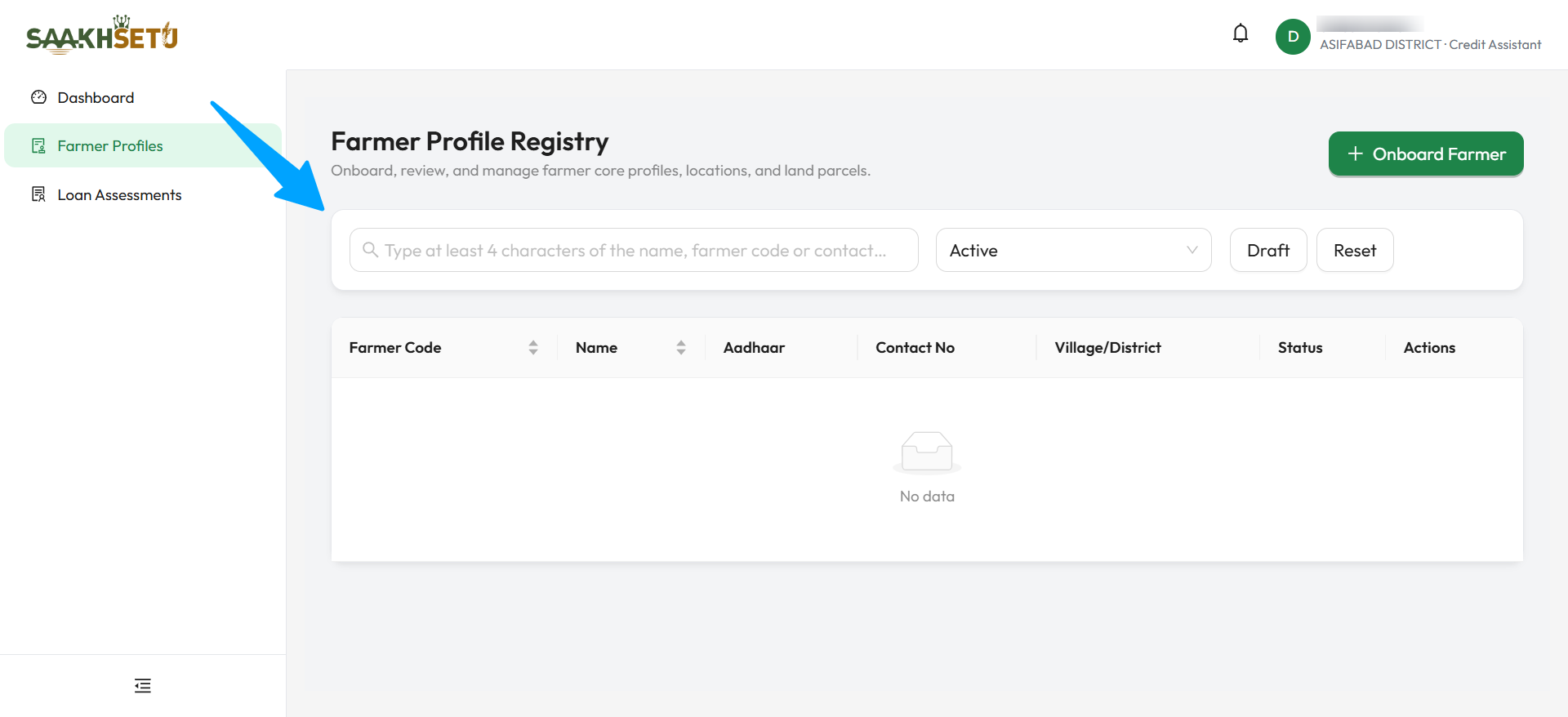 Farmer Profile Registry as a Credit Assistant sees it: the search box, the status filter with Draft and Reset, the Onboard Farmer button and the results table