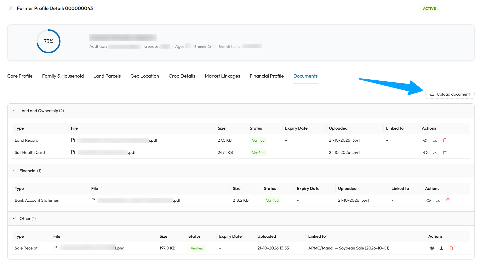 Documents tab: the Upload document button and the documents grouped into Land and Ownership, Financial and Other, with status, size, expiry and actions