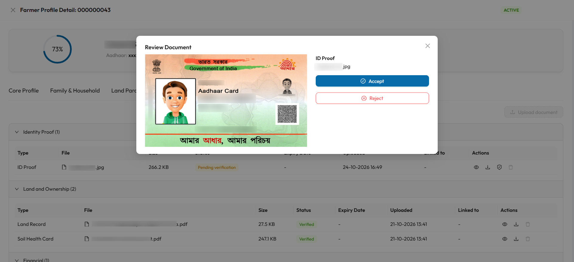 Review Document window: a preview of the uploaded ID Proof on the left, with the document type, file name and the Accept and Reject buttons on the right
