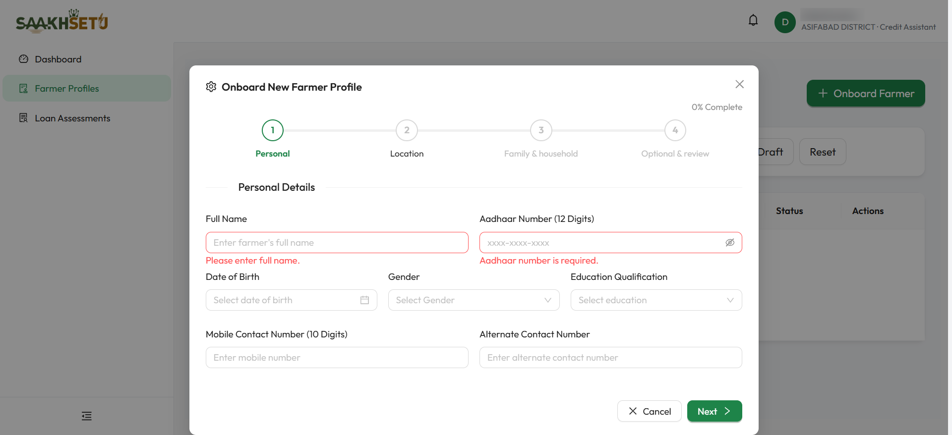 Onboard New Farmer Profile, Step 1 Personal: the four step circles, the percentage complete, and the personal details fields