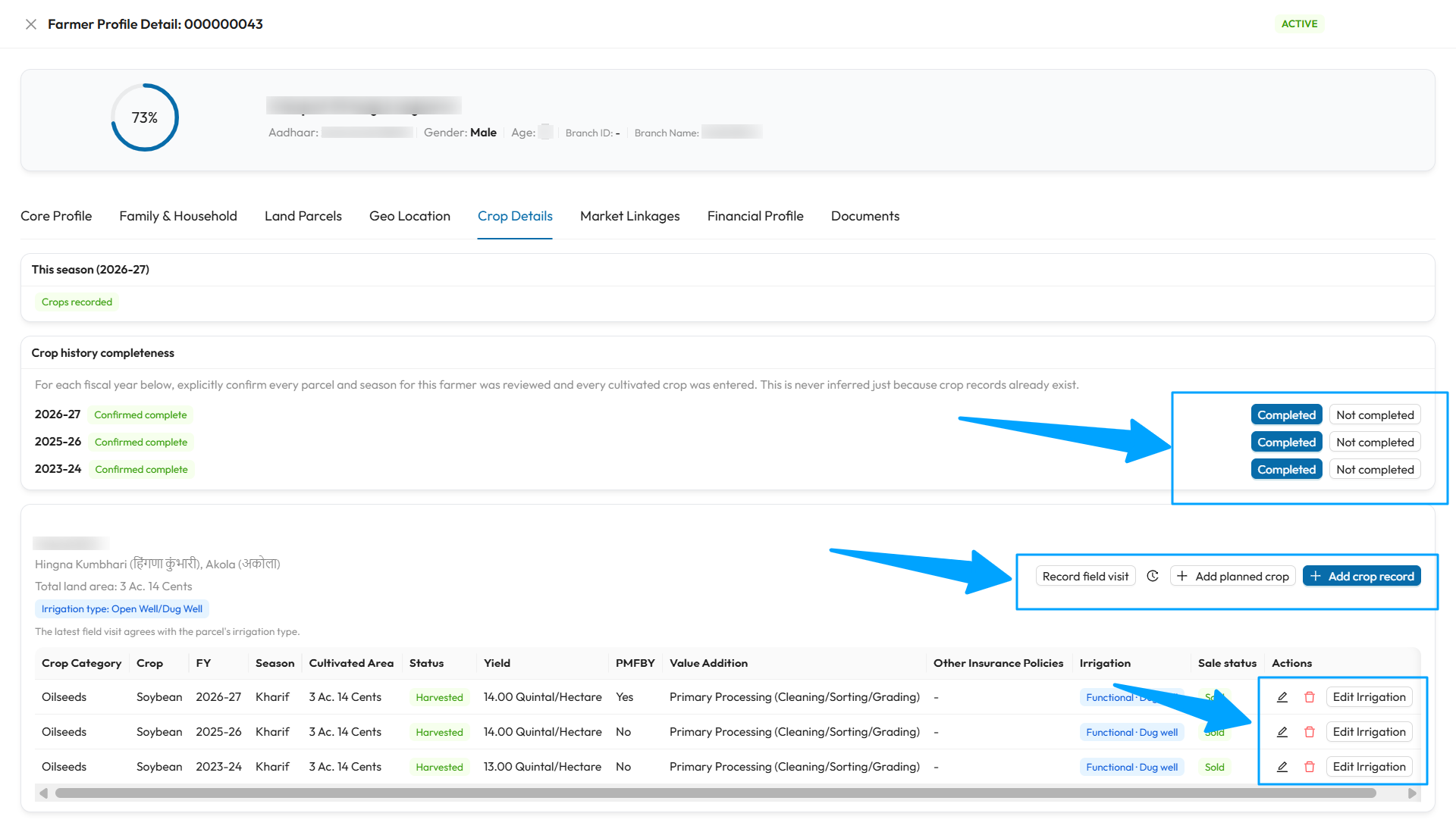 Crop Details tab: the This season card, the Crop history completeness card, and a parcel card with its crop table and action buttons