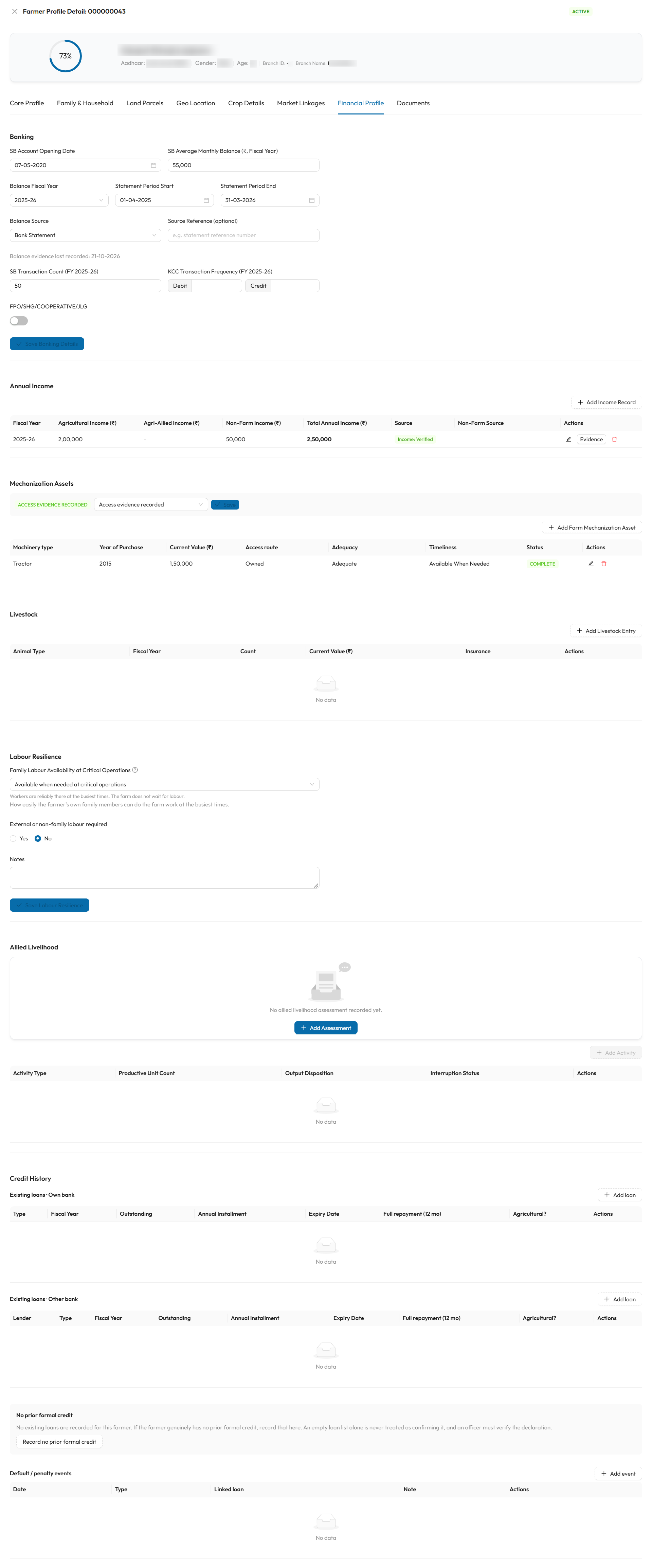 Financial Profile tab: Banking, Annual Income, Mechanization Assets, Livestock, Labour Resilience, Allied Livelihood and Credit History, stacked one under another