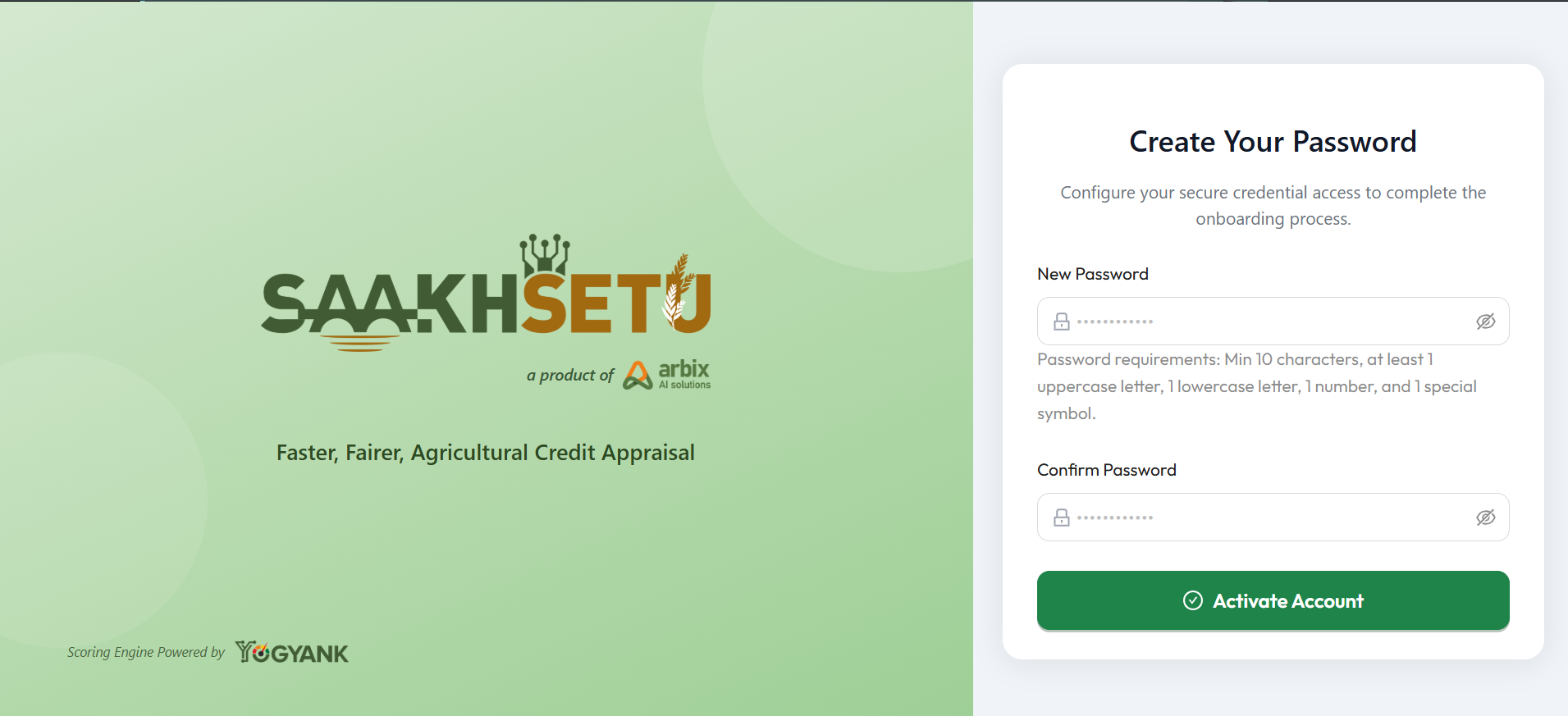 Create Your Password screen, with New Password, Confirm Password and the Activate Account button