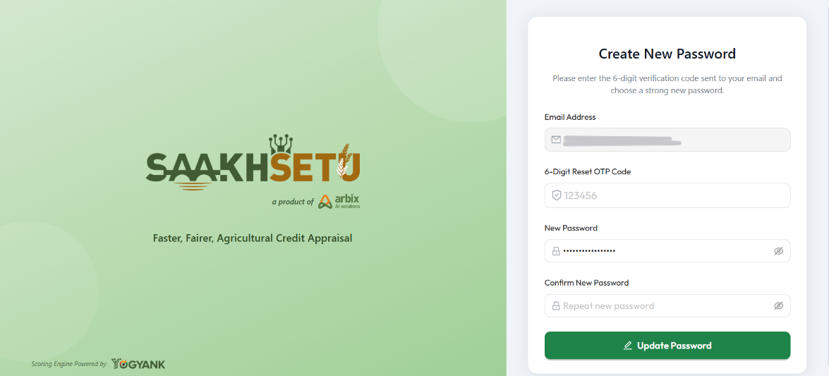Create New Password screen, with Email Address, the 6-digit reset OTP code, New Password, Confirm New Password and Update Password