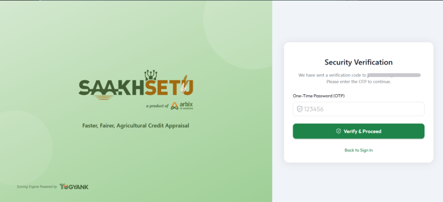 Security Verification screen, with the One-Time Password (OTP) field, Verify & Proceed and Back to Sign In