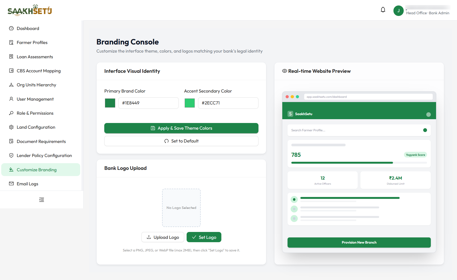 Branding Console: theme colours, logo upload and the real-time preview