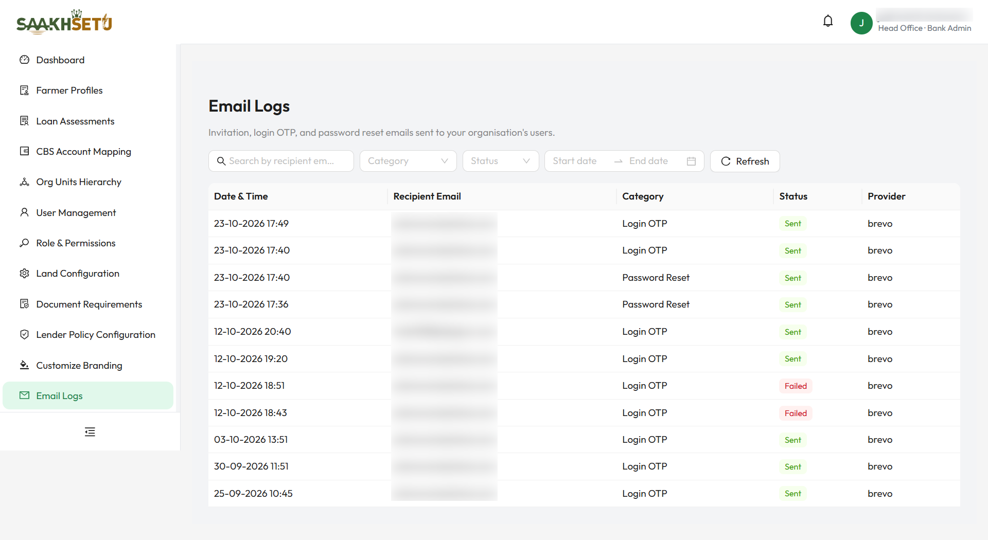 Email Logs: search and filters, with the delivery table showing category, status and provider