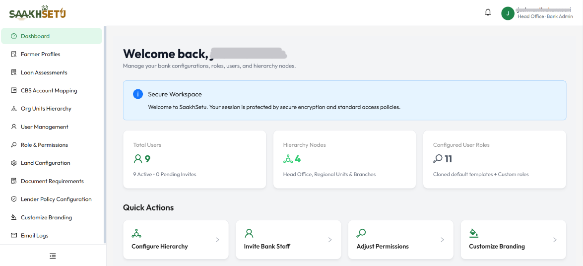 SaakhSetu workspace for a Bank Admin: bank logo, notification bell and profile at the top, sidebar menu on the left, dashboard in the work area