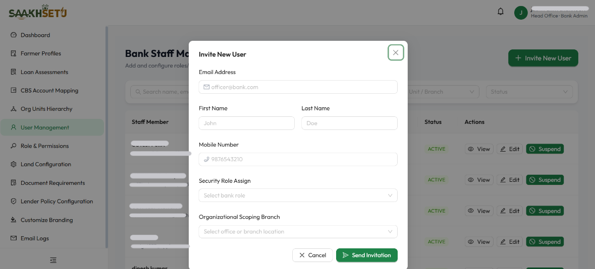 Invite New User form with Email Address, First Name, Last Name, Mobile Number, Security Role Assign and Organizational Scoping Branch, and the Cancel and Send Invitation buttons
