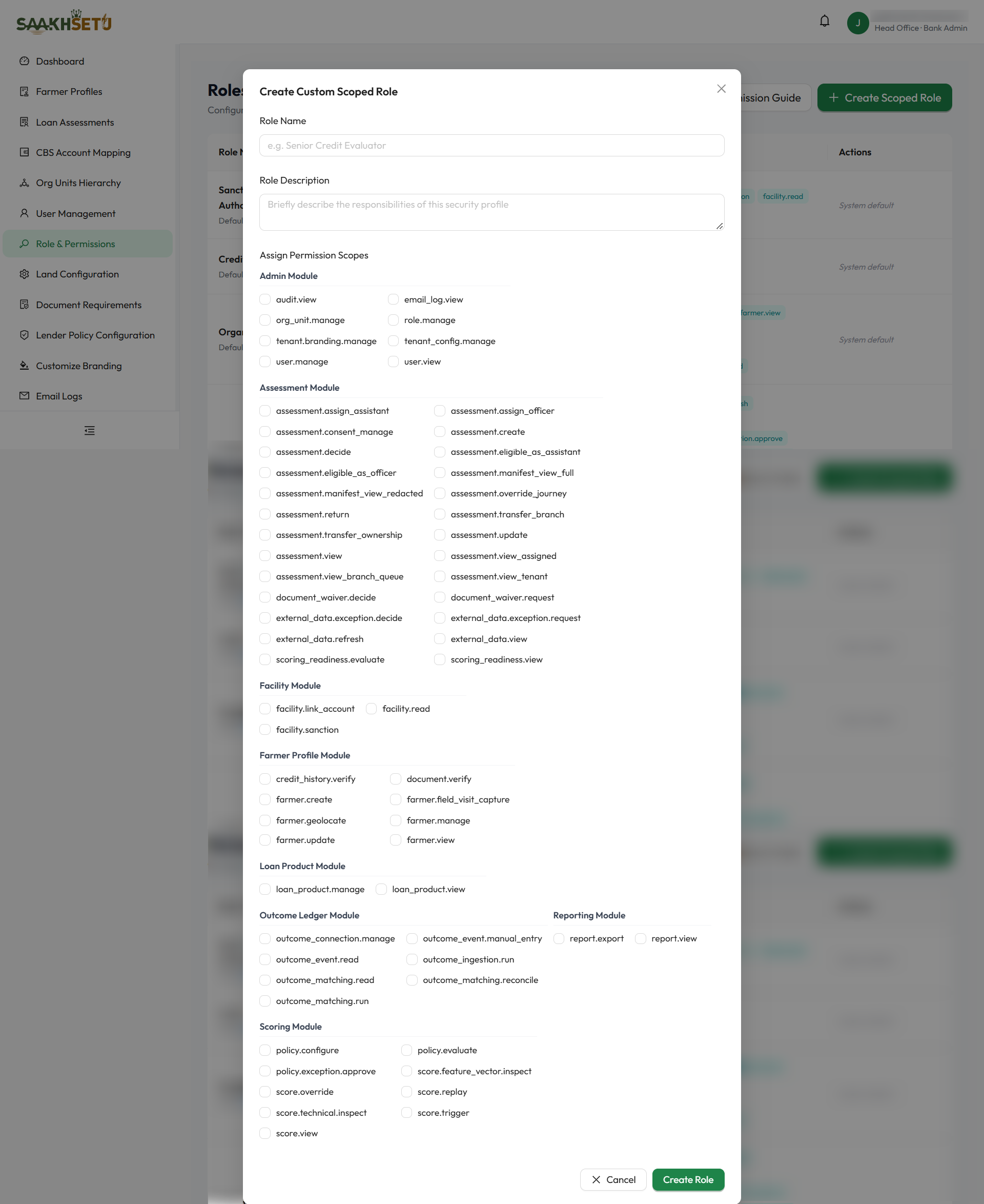 Create Custom Scoped Role: Role Name, Role Description and permission checkboxes grouped by module