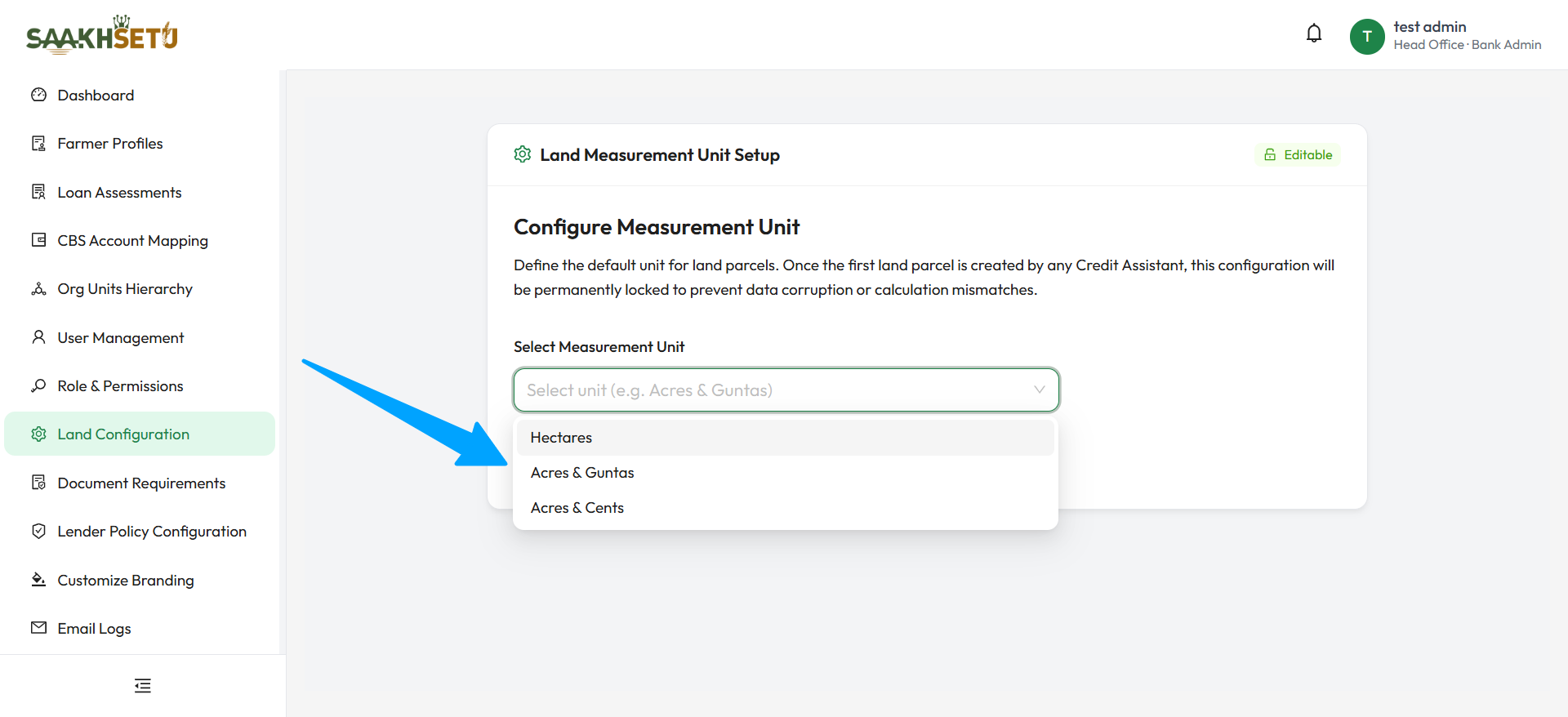 Land Measurement Unit Setup, with the Select Measurement Unit list showing Hectares, Acres & Guntas and Acres & Cents