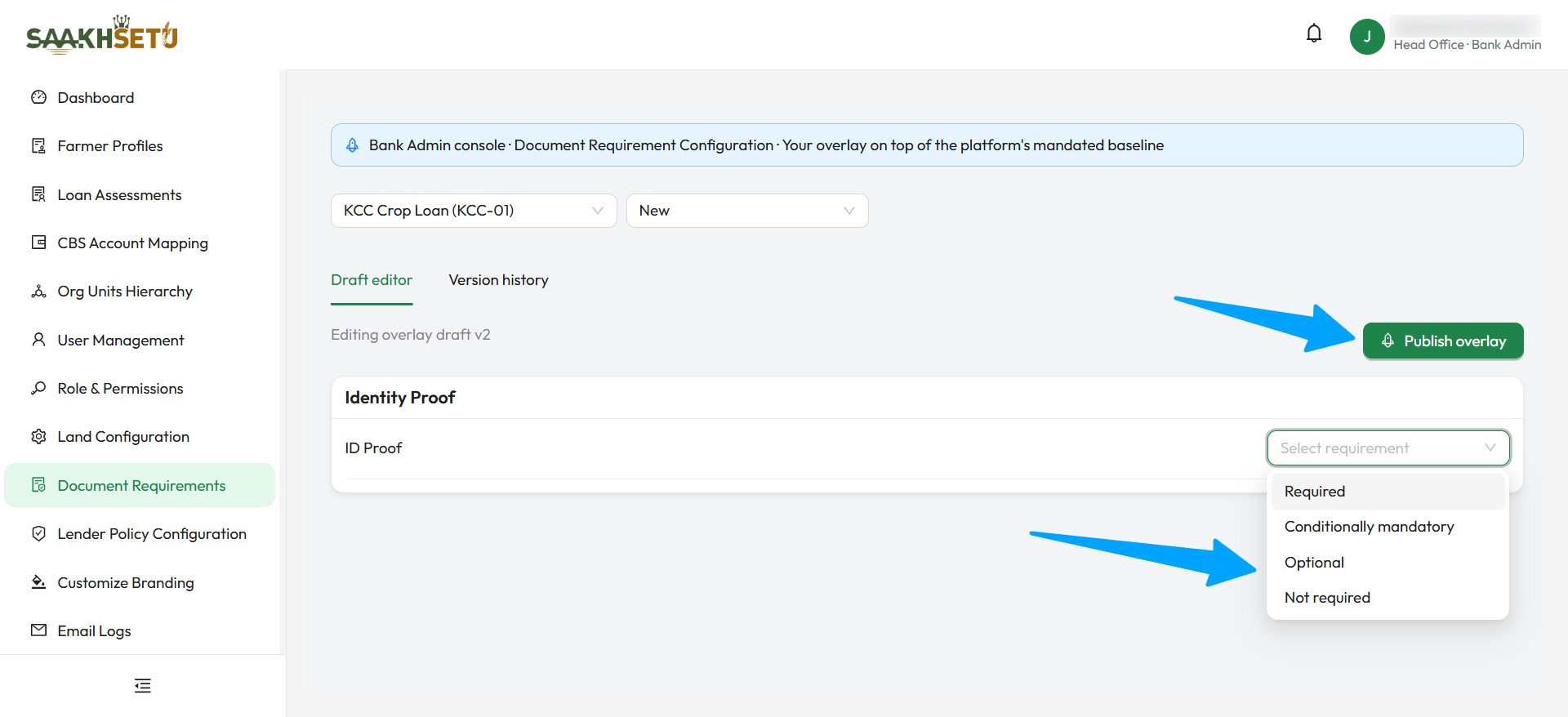 Draft editor: the Publish overlay button, and the Select requirement list with Required, Conditionally mandatory, Optional and Not required