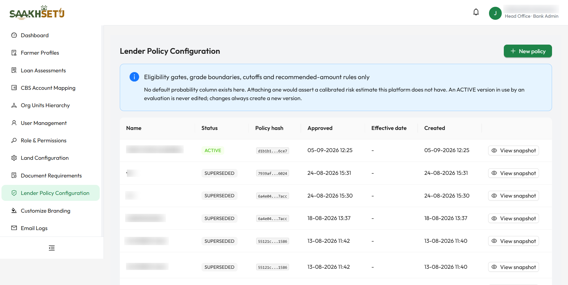 Lender Policy Configuration: policy versions with status, policy hash, approval and effective dates, and View snapshot